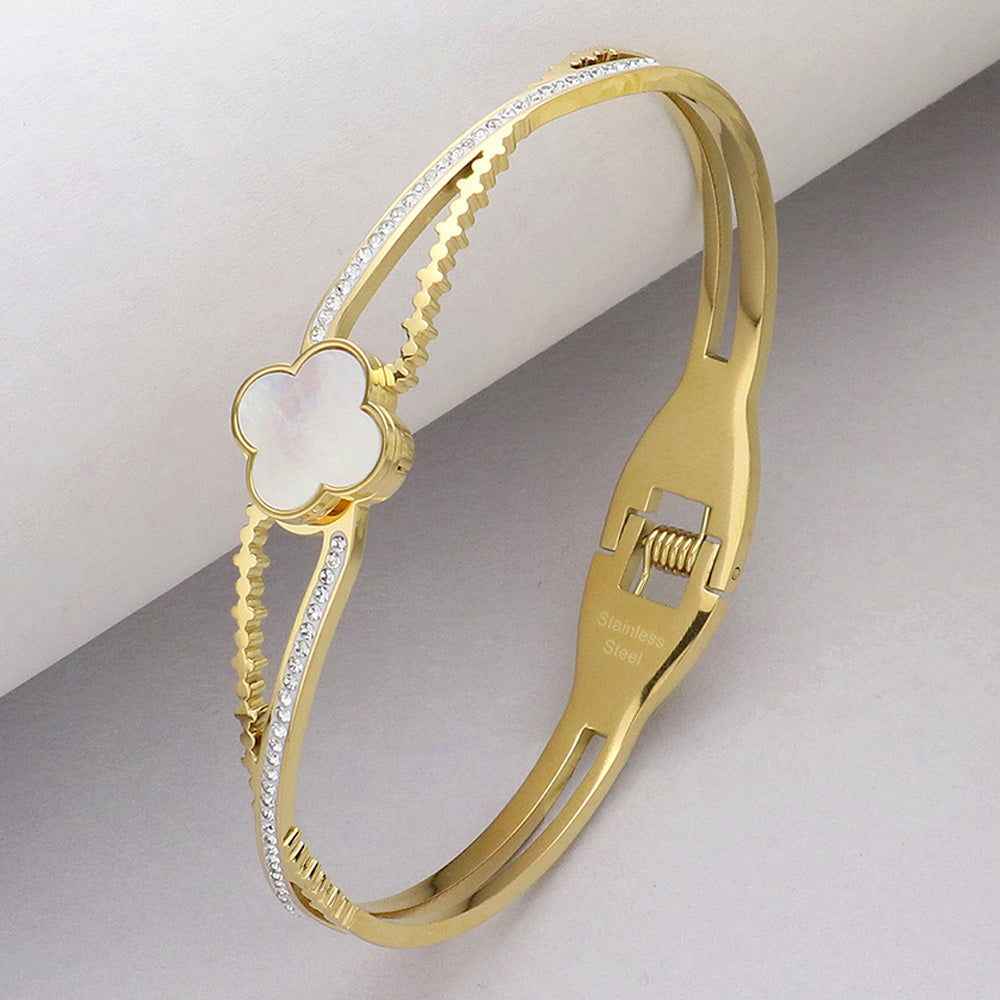 Mother Of Pearl Quatrefoil Pointed Stone Paved Gold Stainless Steel Hinged Bangle Bracelet