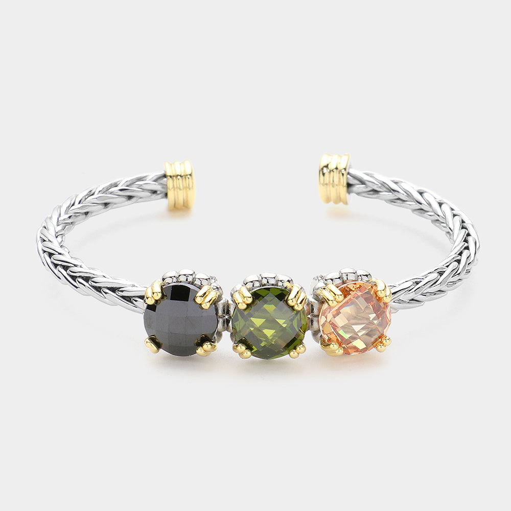 Multi-Triple Round CZ Stone Pointed Braided Metal Cuff Bracelet - M H W ACCESSORIES LLC
