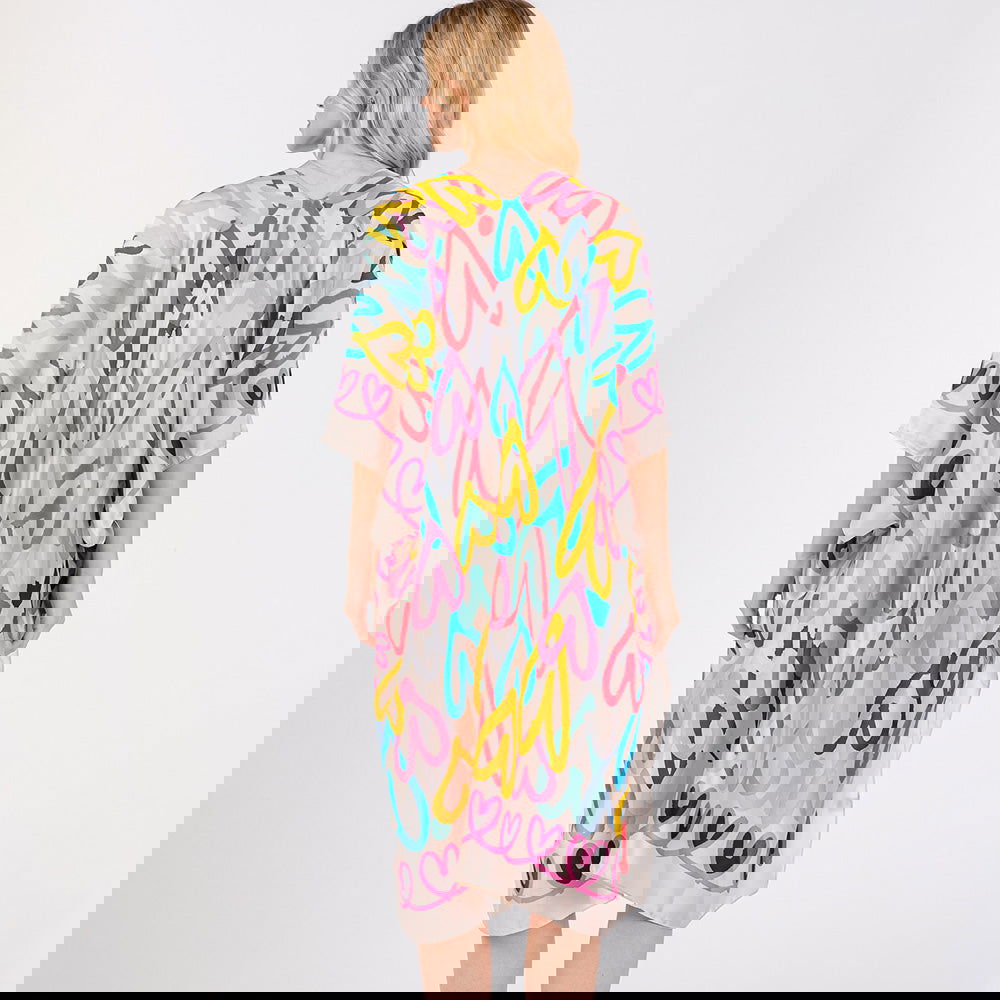 Multi Colored Heart Print Silky Feel Kimono Poncho - M H W ACCESSORIES LLC