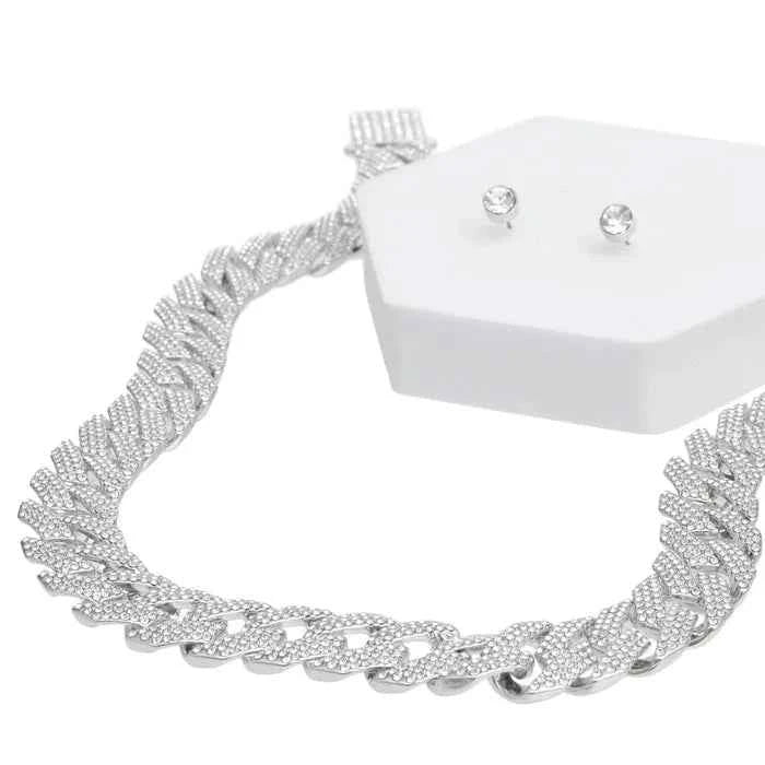 Necklace Silver Iced Cuban Chain Set Women