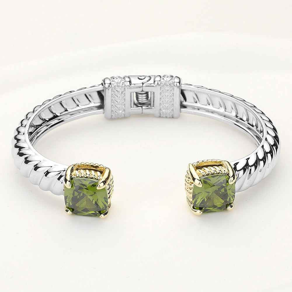 Olive Green CZ Stone Paved Square Tip Two-Tone Twisted Metal Hinged Cuff Bracelet