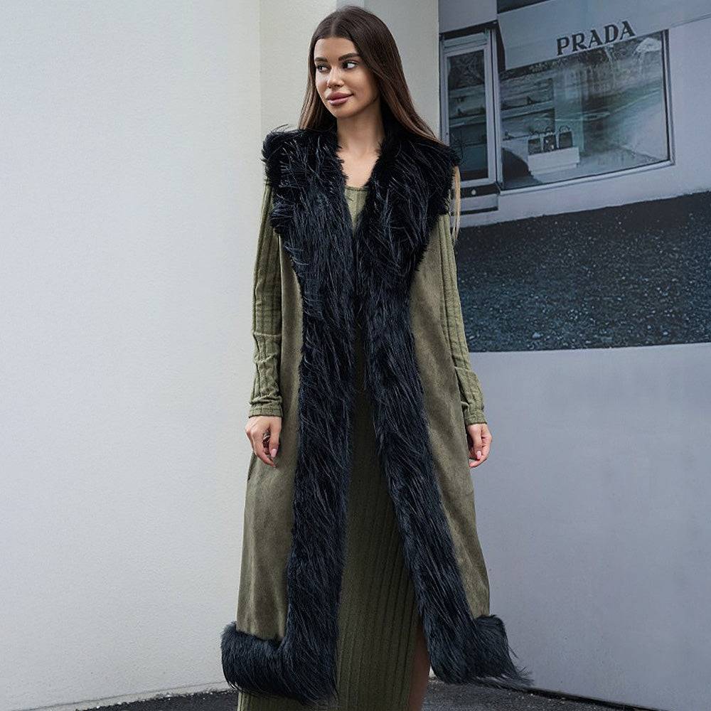 Olive Green Faux Fur Trim Party Work Night Out Long Vest - M H W ACCESSORIES LLC