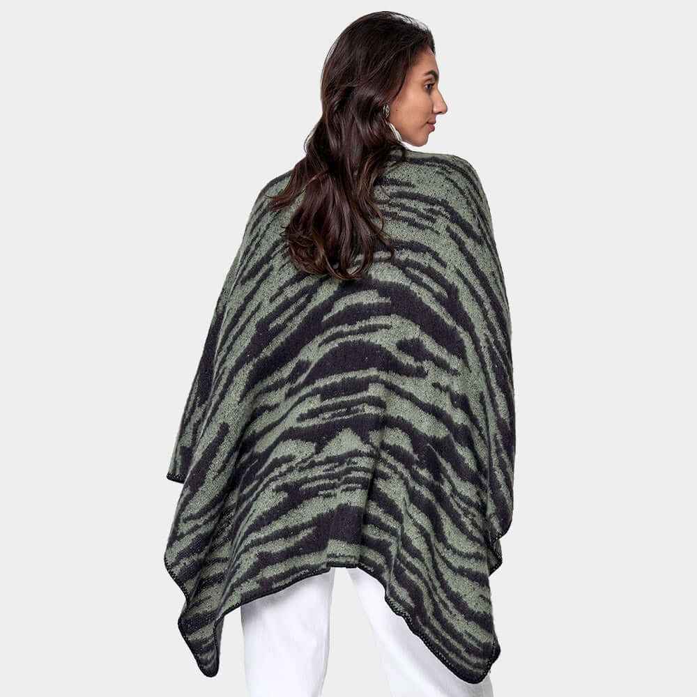 Olive Green Zebra Patterned Ruana Poncho