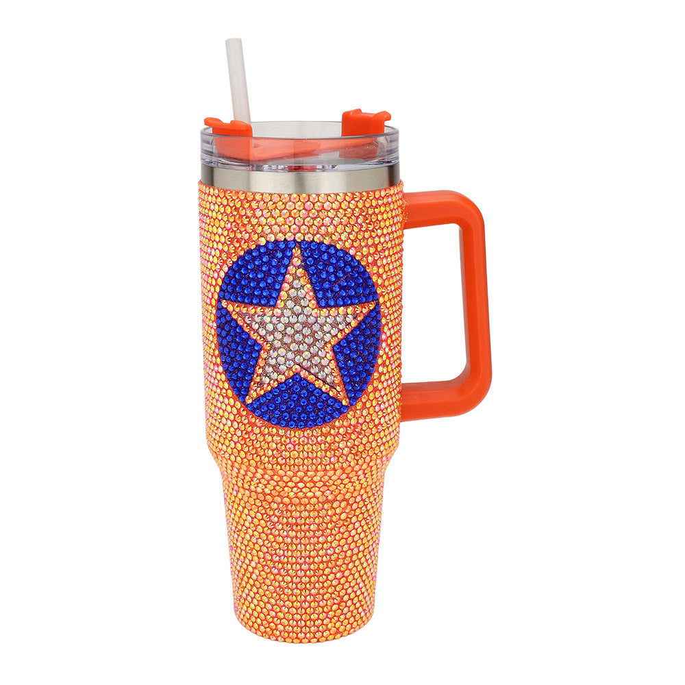 Orange & Royal Blue Bling Studded Texas Astros Star Pointed 40oz Stainless Steel Tumbler With Handle