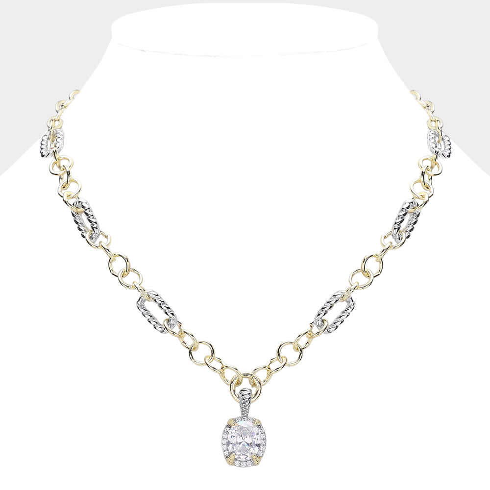 Oval CZ Pendant 14K Gold Plated Two Tone Chunky Necklace - M H W ACCESSORIES LLC