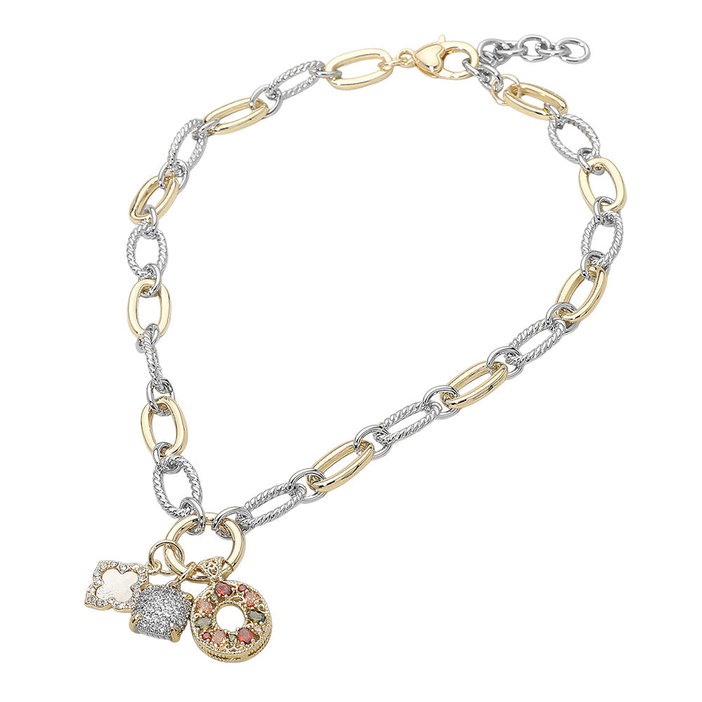 14K Gold Plated Two Tone CZ Stone Square Ring Mother of Pearl Quatrefoil Charm Pendant Chunky Textured Oval Link Necklace M H W ACCESSORIES LLC 14K Gold Plated Two Tone CZ Stone Square Ring Mother of Pearl Quatrefoil Charm Pendant Chunky Textured Oval Link Necklace