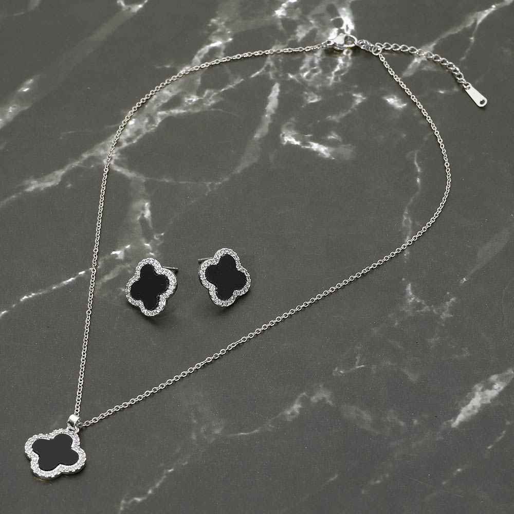 Stainless Steel Stone Rim Black Quatrefoil Pendant Necklace