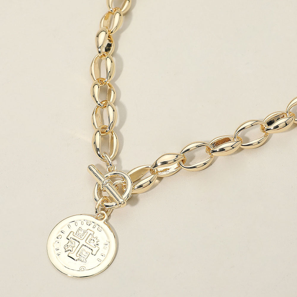 14K Gold Plated Cross Embossed Coin Charm Chunky Chain Toggle Necklace M H W ACCESSORIES LLC 14K Gold Plated Cross Embossed Coin Charm Chunky Chain Toggle Necklace
