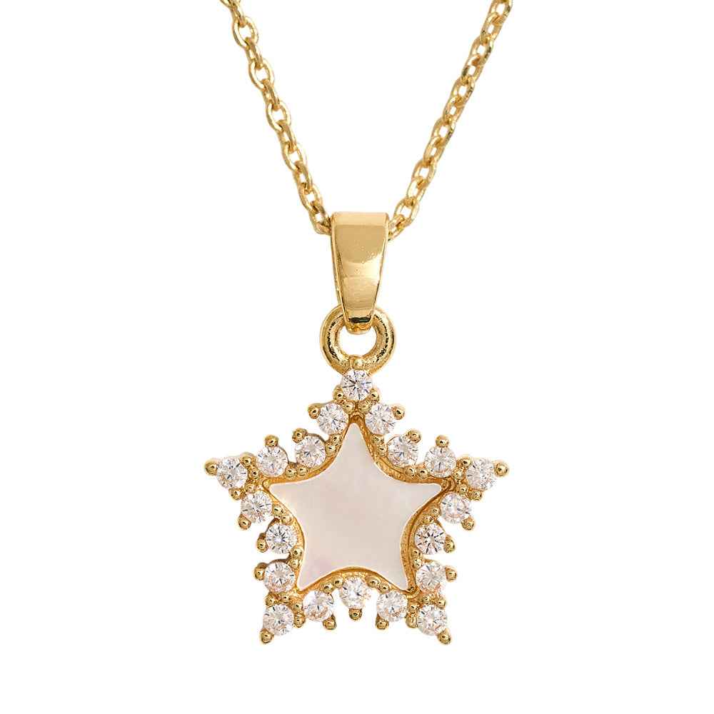 14K Gold Dipped CZ Stone Rim Mother of Pearl Star Pendant Necklace