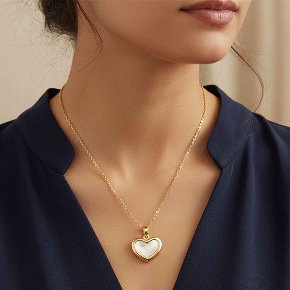 14K Gold Dipped CZ Stone Rim Mother of Pearl Heart Pendant Necklace
