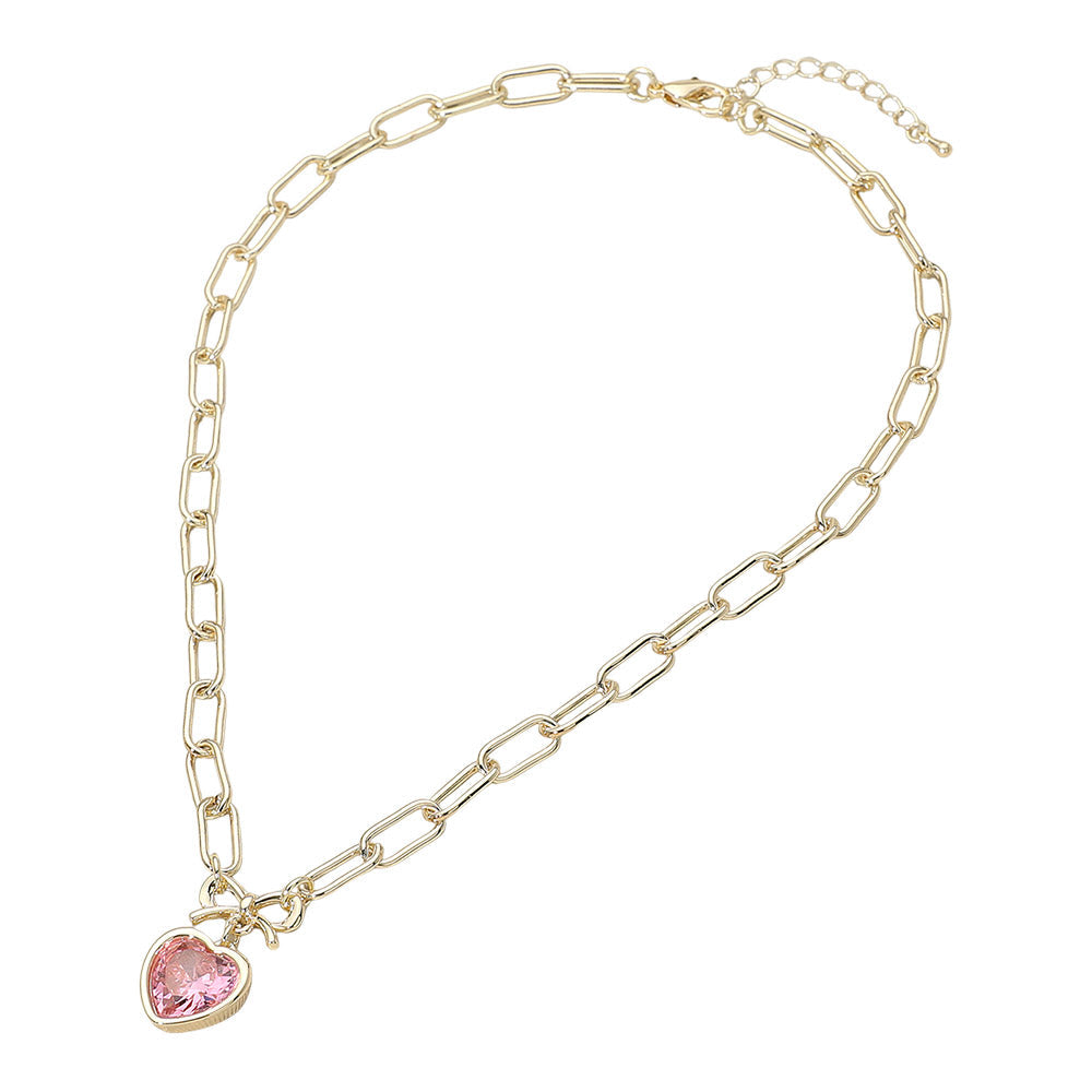 14K Gold Plated Bow Top Heart CZ Bezel Pendant Necklace M H W ACCESSORIES LLC 14K Gold Plated Bow Top Heart CZ Bezel Pendant Necklace