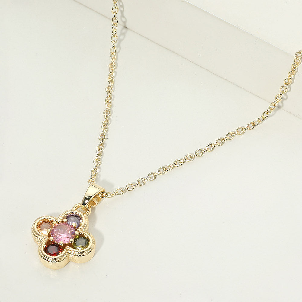 14K Gold Plated Colorful CZ Stone Quatrefoil Pendant Necklace M H W ACCESSORIES LLC 14K Gold Plated Colorful CZ Stone Quatrefoil Pendant Necklace