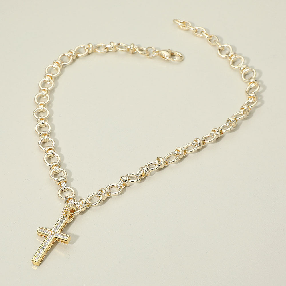 14K Gold Plated CZ Stone Paved Cross Pendant Chunky Circle Link Chain Necklace