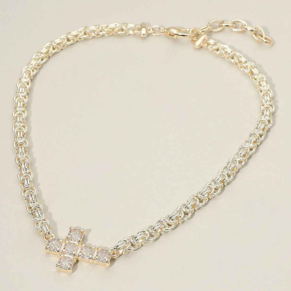 14K Gold Plated CZ Stone Paved Cross Accent Abstract Chain Necklace