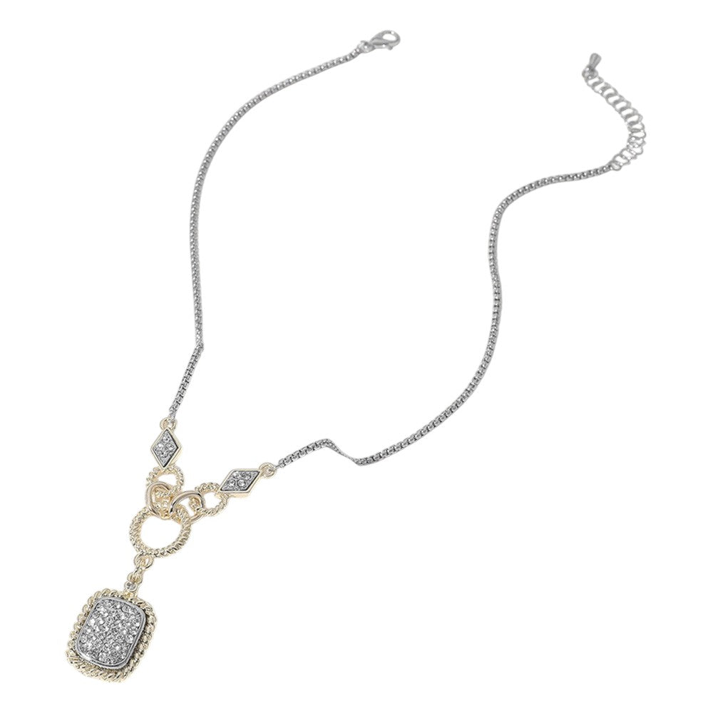 14K Gold Plated Stone Paved Square Pendant Necklace M H W ACCESSORIES LLC 14K Gold Plated Stone Paved Square Pendant Necklace