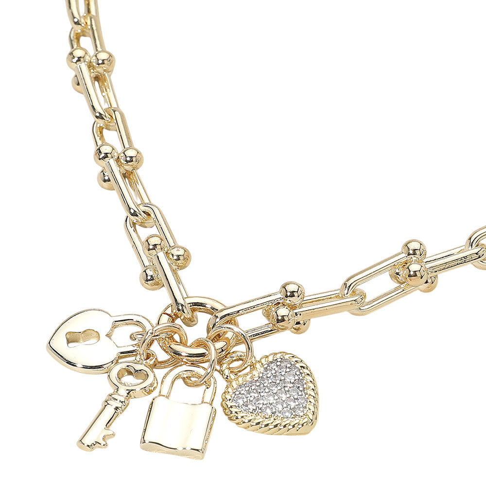 14K Gold Plated CZ Stone Paved Heart Key Lock Charm Industrial Link Chain Necklace M H W ACCESSORIES LLC 14K Gold Plated CZ Stone Paved Heart Key Lock Charm Industrial Link Chain Necklace