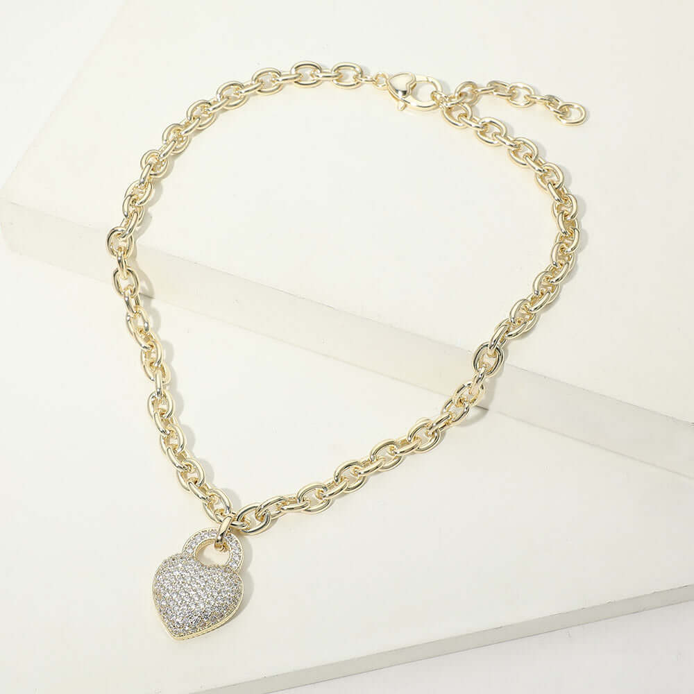 Women's 14K Gold Plated CZ Heart Pendant Chunky Chain Necklace M H W ACCESSORIES LLC Women's 14K Gold Plated CZ Heart Pendant Chunky Chain Necklace