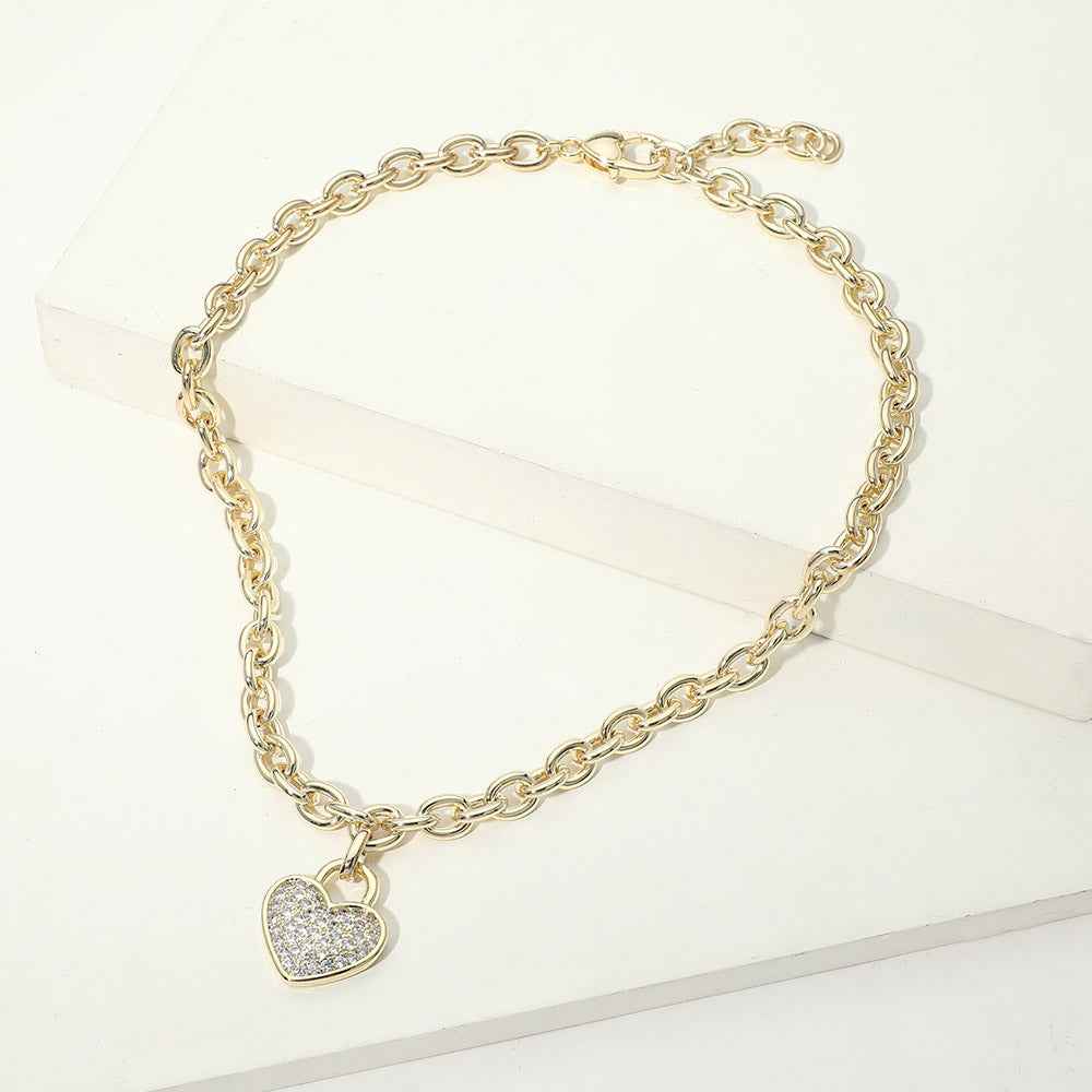 14K Gold Plated CZ Pave Heart Pendant Chunky Chain Necklace