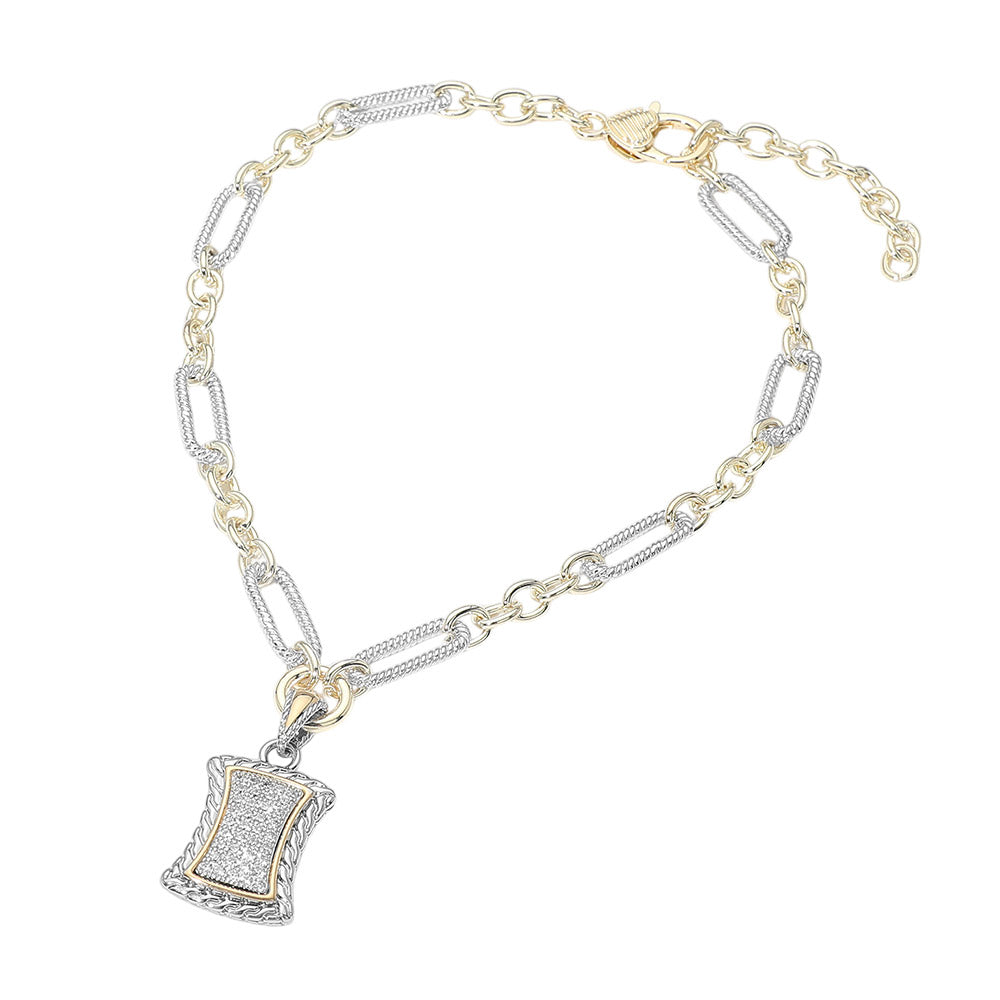 14K Gold Plated Two Tone CZ Pave Rectangular Frame Pendant Necklace