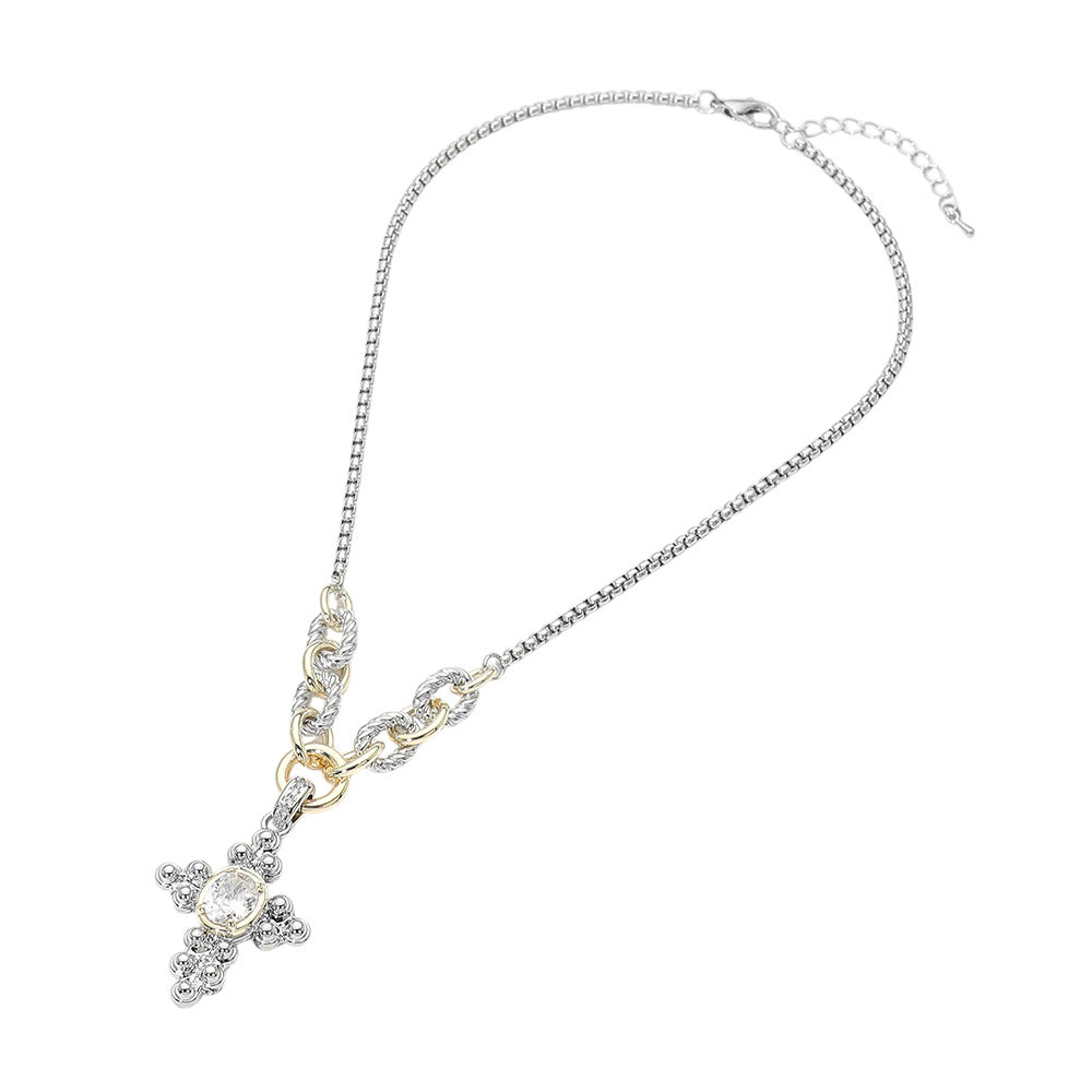 14K Gold Plated Two Tone Oval CZ Accent Cross Pendant Necklace for Women M H W ACCESSORIES LLC 14K Gold Plated Two Tone Oval CZ Accent Cross Pendant Necklace for Women