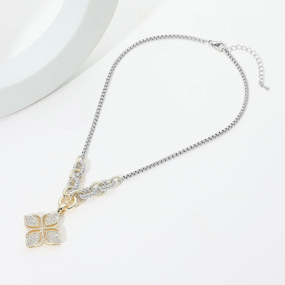 14K Gold Plated Two Tone CZ Pave Clover Pendant Necklace M H W ACCESSORIES LLC 14K Gold Plated Two Tone CZ Pave Clover Pendant Necklace
