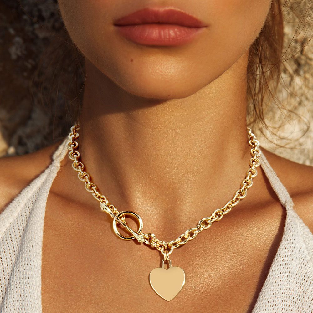 Gold Dipped Brass Metal Heart Lock Pendant Toggle Necklace (Copy)