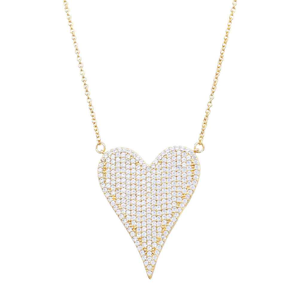 Stainless Steel CZ Gold Paved Heart Pendant Necklace
