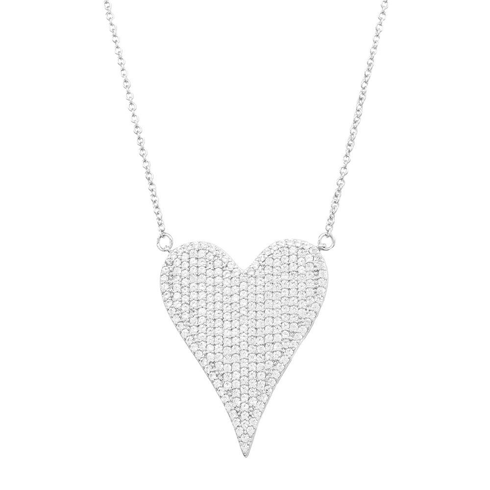 Stainless Steel CZ Silver Paved Heart Pendant Necklace