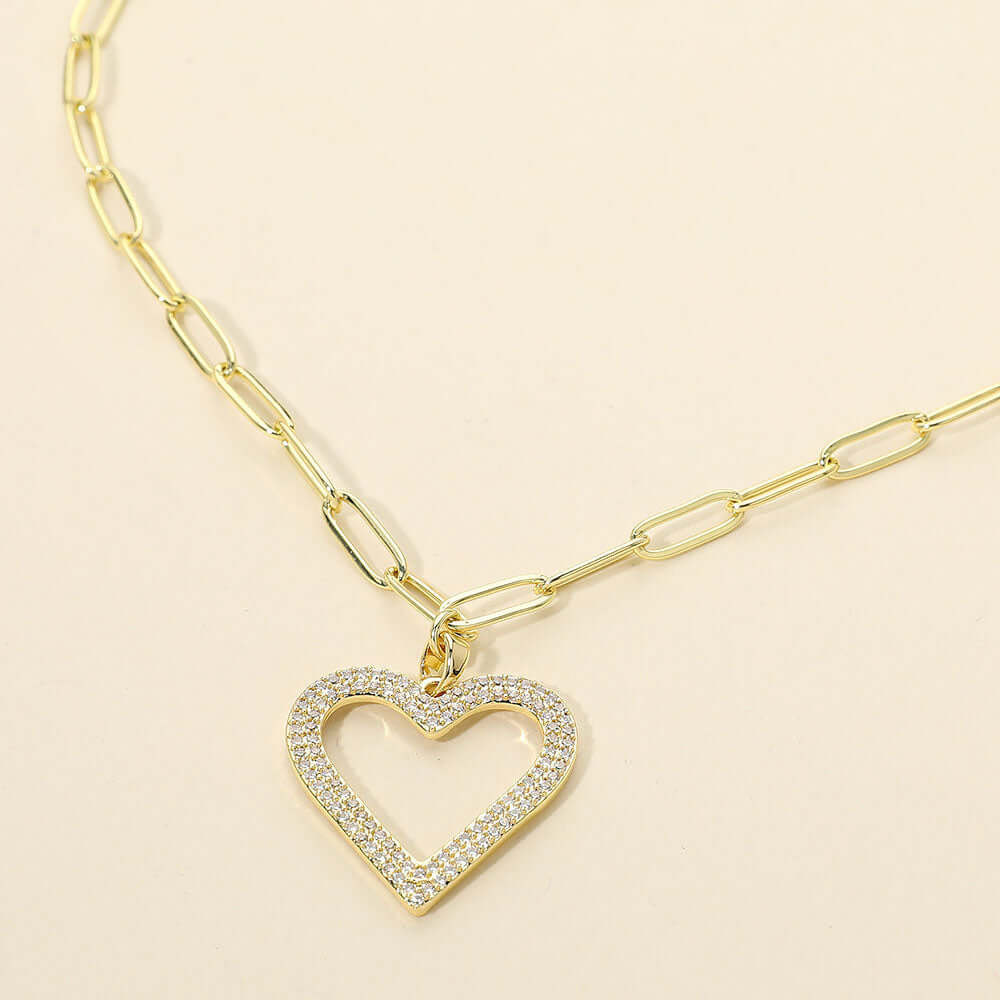 Stainless Steel Gold CZ Stone Paved Open Heart Pendant Paperclip Chain Necklace M H W ACCESSORIES LLC Stainless Steel Gold CZ Stone Paved Open Heart Pendant Paperclip Chain Necklace