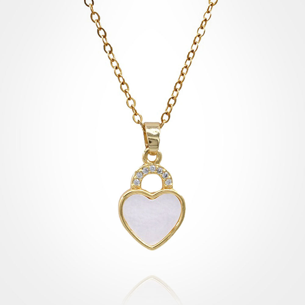 Stainless Steel CZ Mother of Pearl Heart Pendant Necklace