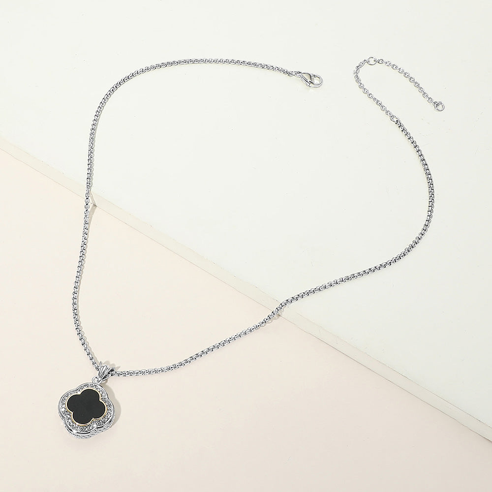 14K Gold Plated Black CZ Pave Rim Quatrefoil Pendant Necklace M H W ACCESSORIES LLC 14K Gold Plated Black CZ Pave Rim Quatrefoil Pendant Necklace