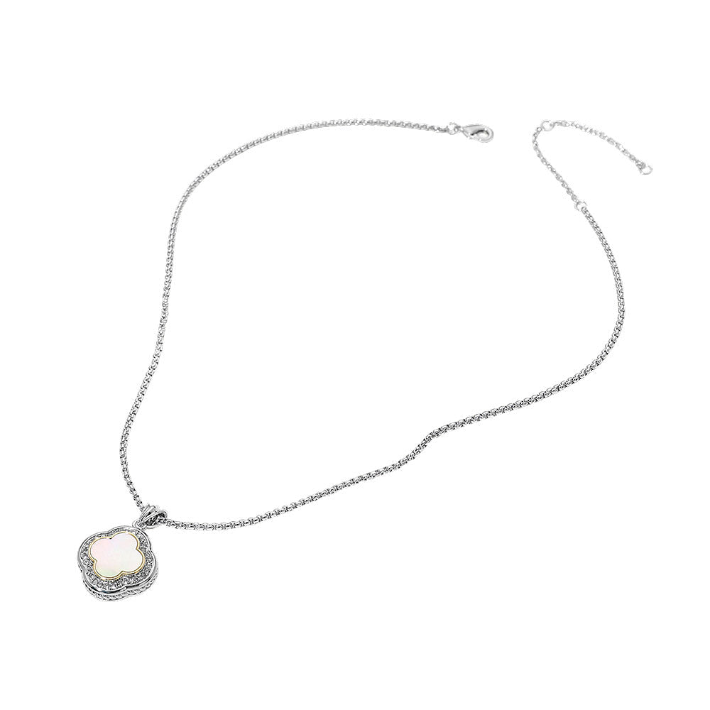 14K Gold Plated Mother of Pearl CZ Pave Rim Quatrefoil Pendant Necklace M H W ACCESSORIES LLC 14K Gold Plated Mother of Pearl CZ Pave Rim Quatrefoil Pendant Necklace