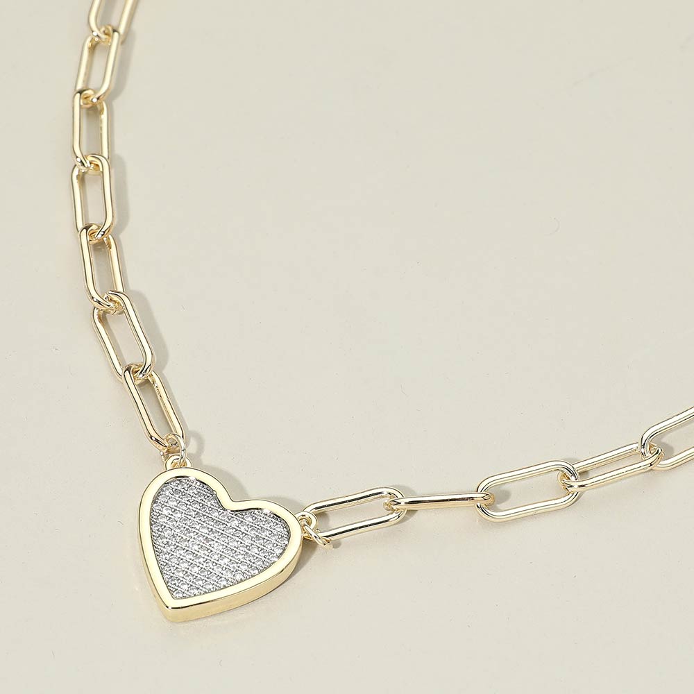 14K Gold Plated CZ Paved Heart Paperclip Chain Necklace M H W ACCESSORIES LLC 14K Gold Plated CZ Paved Heart Paperclip Chain Necklace