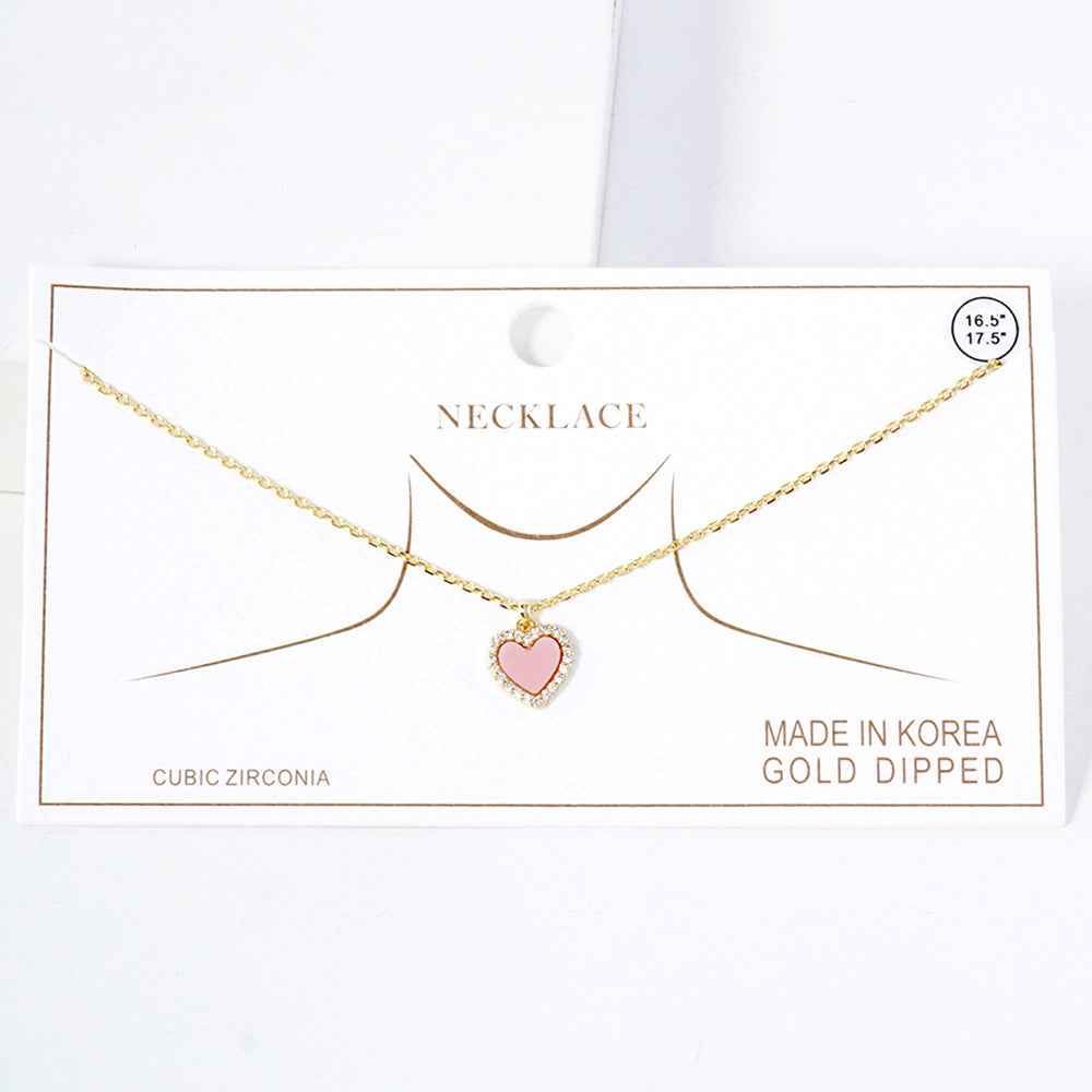Gold Dipped CZ Pink Paved Rim Heart Pendant Necklace