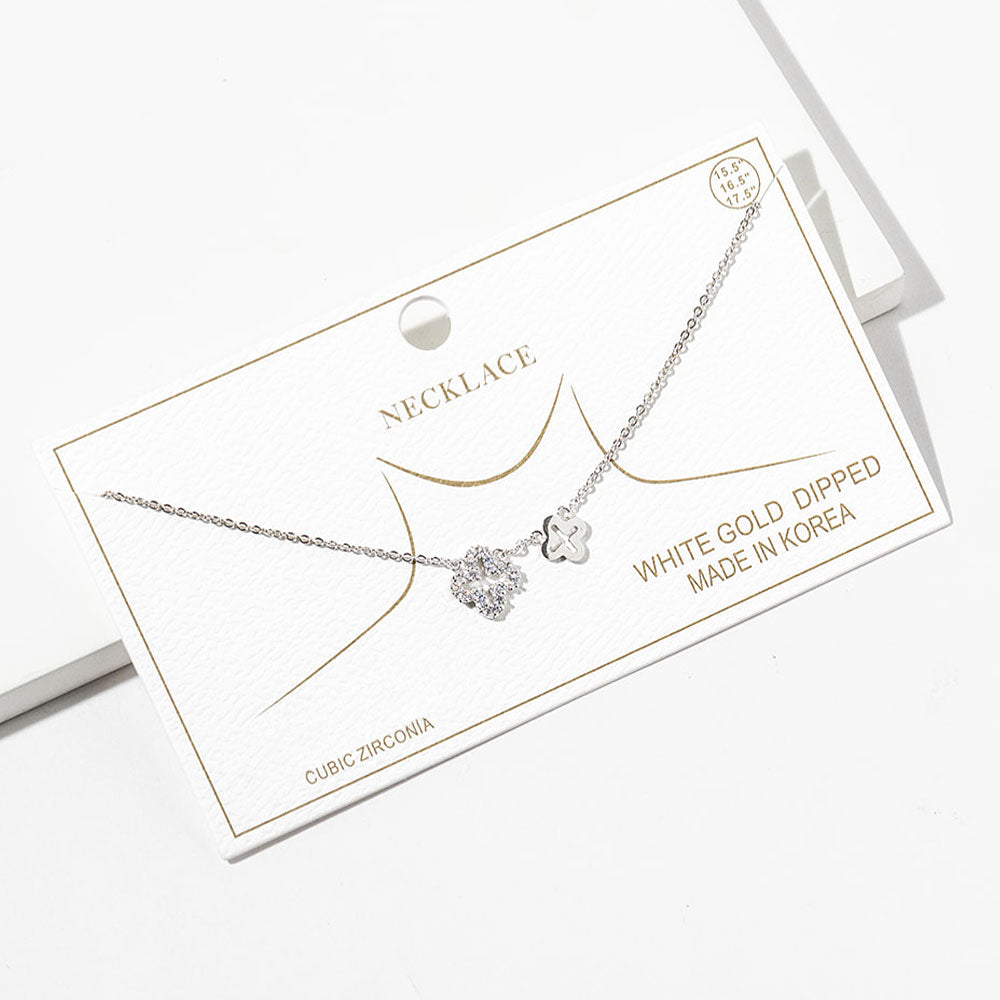White Gold Dipped CZ Quatrefoil Pendant Necklace M H W ACCESSORIES LLC White Gold Dipped CZ Quatrefoil Pendant Necklace