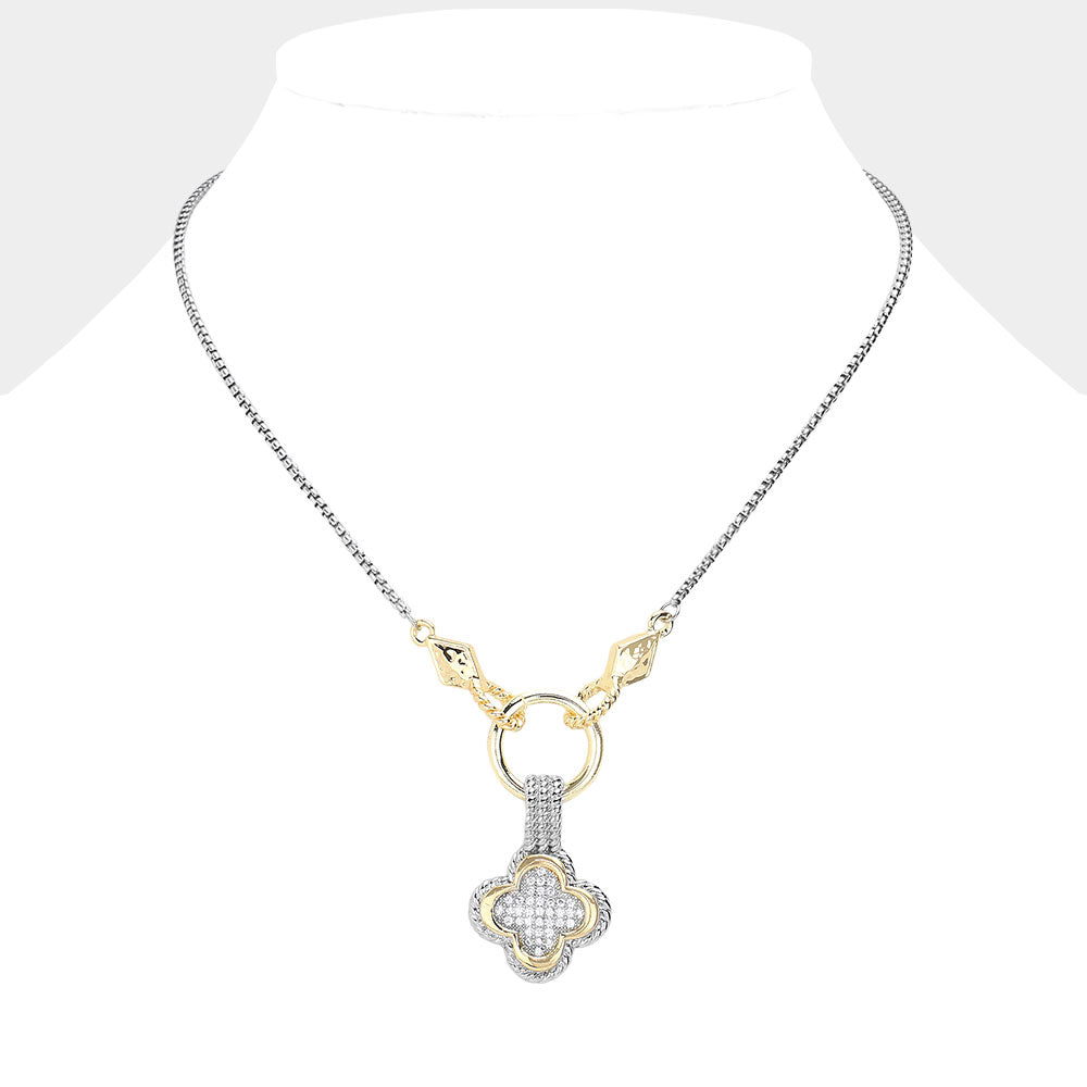 14K Gold Plated Two Tone CZ Stone Paved Quatrefoil Pendant Necklace M H W ACCESSORIES LLC 14K Gold Plated Two Tone CZ Stone Paved Quatrefoil Pendant Necklace