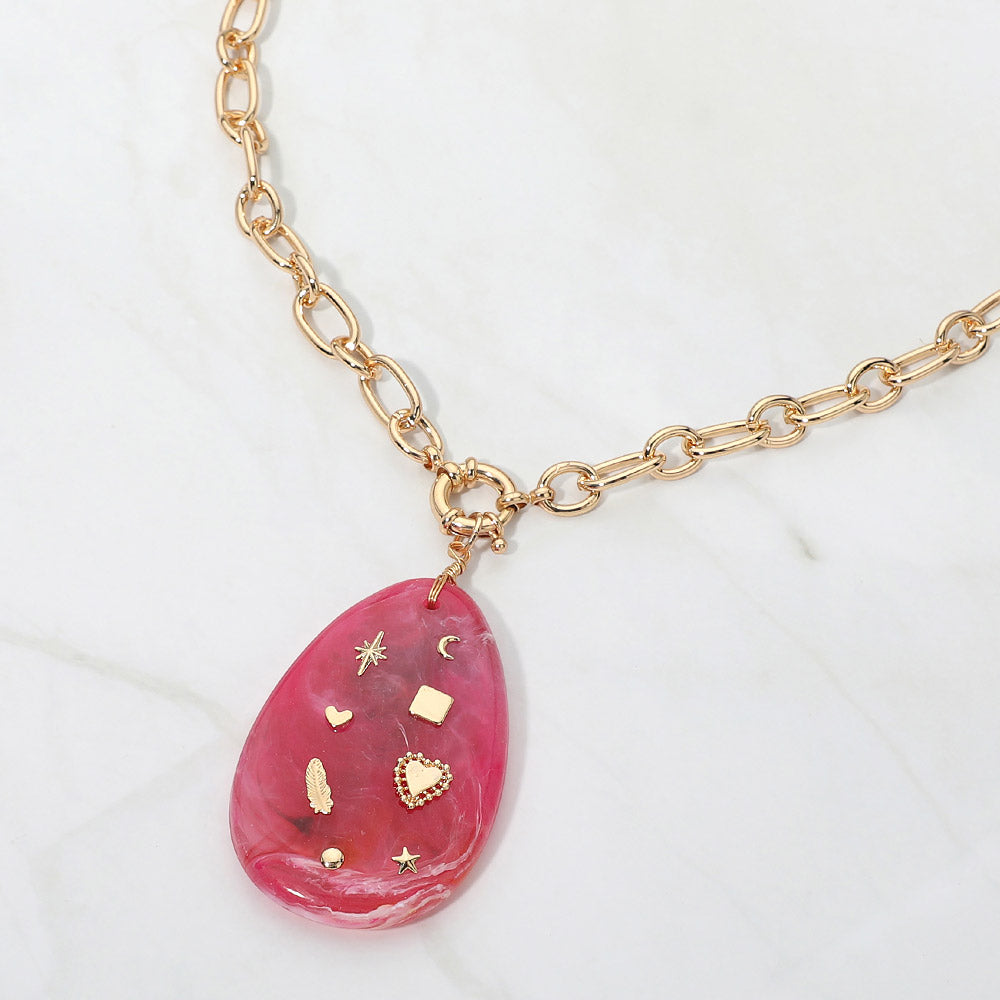 Heart Feather Star Charm Embellished Teardrop Resin Stone Pendant Statement Necklace M H W ACCESSORIES LLC Heart Feather Star Charm Embellished Teardrop Resin Stone Pendant Statement Necklace