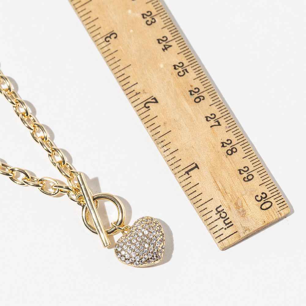 White Gold Dipped Chunky Chain CZ Paved Puff Heart Toggle Pendant Necklace
