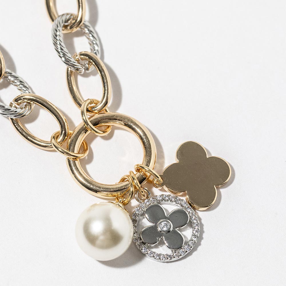 14K Gold Plated CZ Paved Quatrefoil Pearl Metal Heart Pendant Two Tone Chunky Chain Necklace