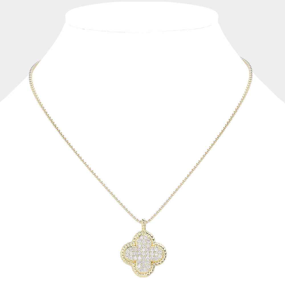 14K Gold Plated CZ Stone Paved Quatrefoil Pendant Two Tone Necklace