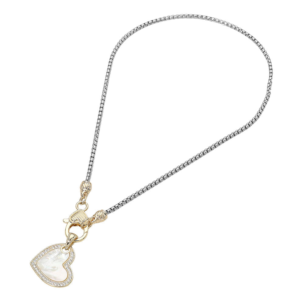 14K Gold Plated Two Tone CZ Stone Paved Mother of Pearl Heart Pendant Necklace M H W ACCESSORIES LLC 14K Gold Plated Two Tone CZ Stone Paved Mother of Pearl Heart Pendant Necklace