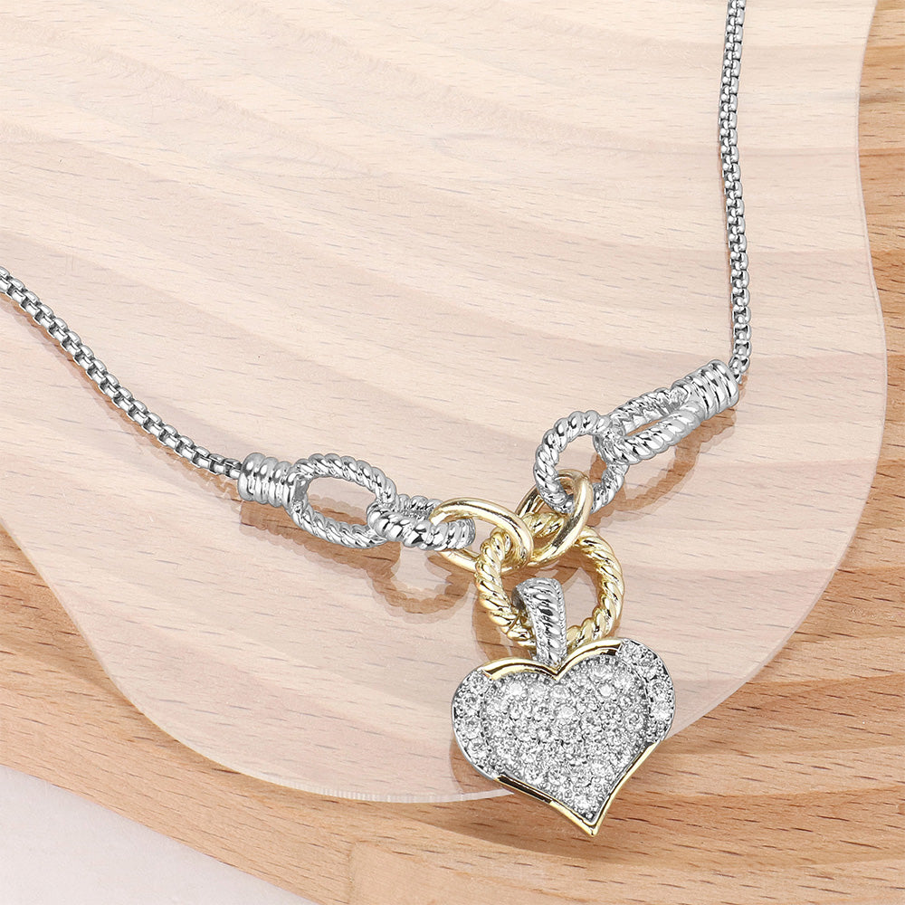 Women's 14K Gold Plated Two Tone CZ Stone Paved Heart Pendant Necklace M H W ACCESSORIES LLC Women's 14K Gold Plated Two Tone CZ Stone Paved Heart Pendant Necklace