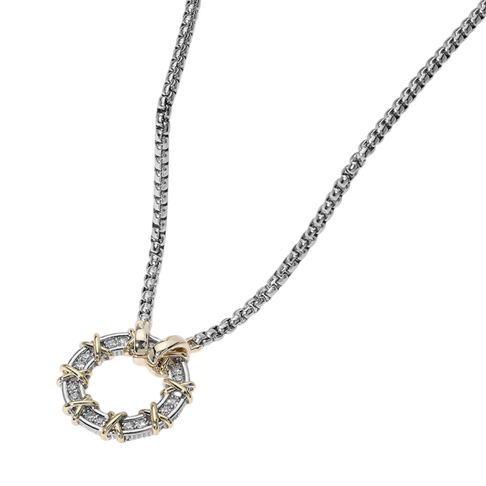 14K Gold Plated CZ Stone Paved Two Tone Crisscross Open Circle Pendant Necklace