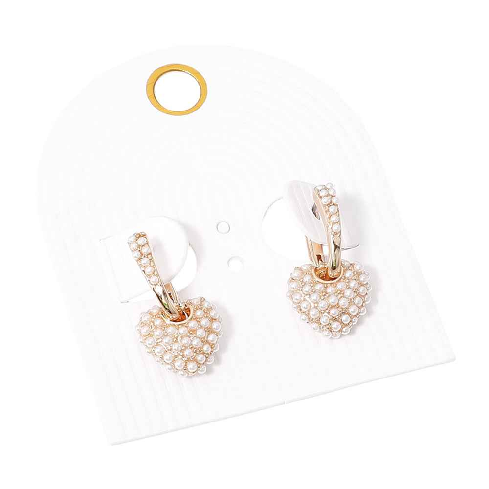 Cream & Gold Pearl Paved Heart Dangle Huggie Mini Hoop Earrings