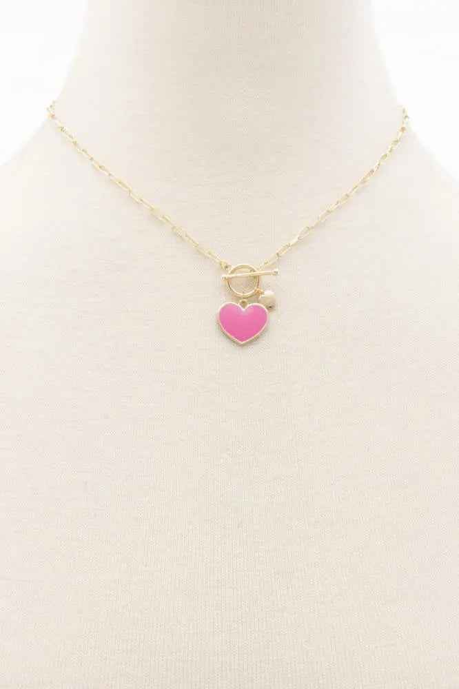 PINK HEART CHARM OVAL LINK NECKLACE- M H W ACCESSORIES