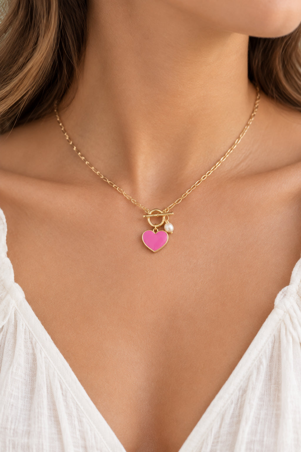 PINK HEART CHARM OVAL LINK NECKLACE- M H W ACCESSORIES