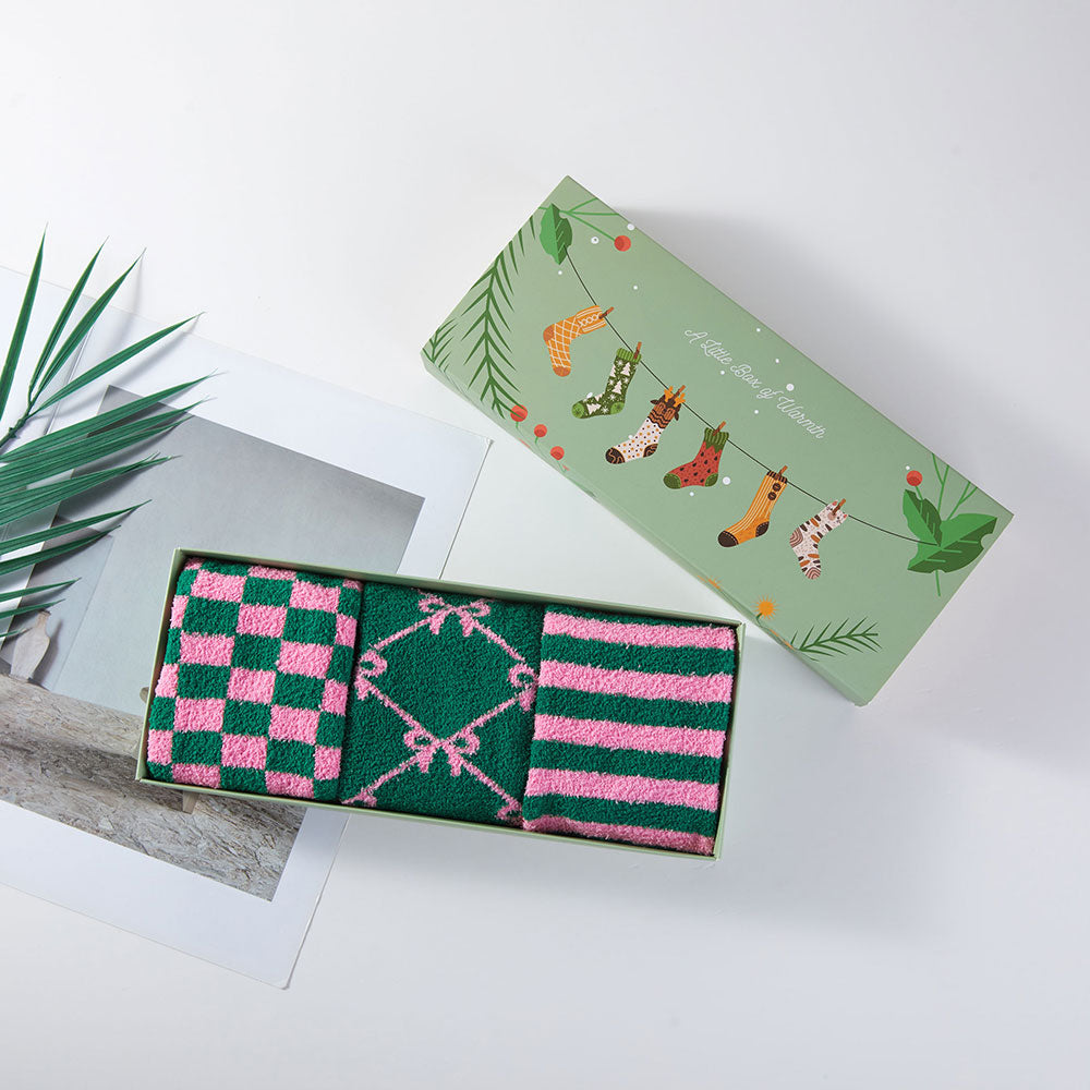 Pink & Green 3Pairs - Cozy Fuzzy Bow Checkered Stripe Pattern Printed Soft Socks Set M H W ACCESSORIES LLC Pink & Green 3Pairs - Cozy Fuzzy Bow Checkered Stripe Pattern Printed Soft Socks Set