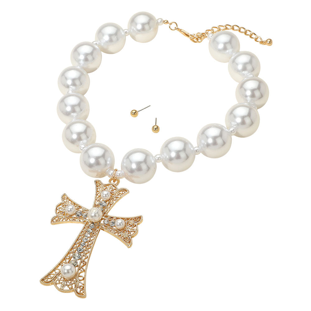 Bold Pearl Rhinestone Cross Pendant Chunky Pearl Beaded Statement Necklace