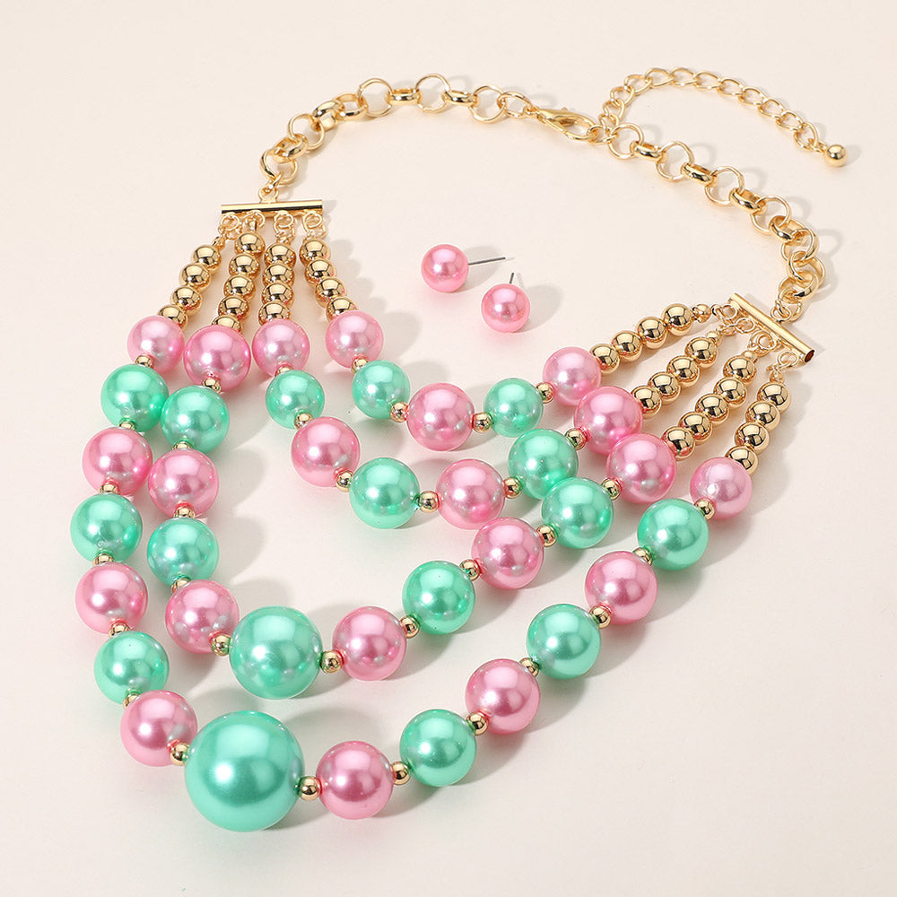 Pink & Green Multi-Layered Pearl Statement Necklace M H W ACCESSORIES LLC Pink & Green Multi-Layered Pearl Statement Necklace