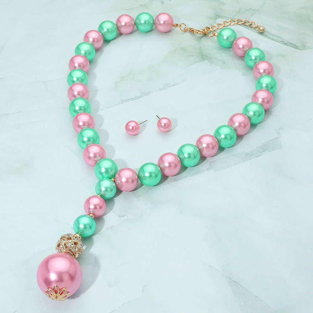 Pink & Green Bold Pearl Beaded y Shape Statement Necklace
